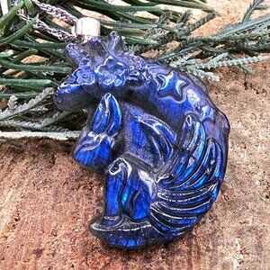 Nature Labradorite Carved Nine Tails Fox On Moon Pendant Necklace